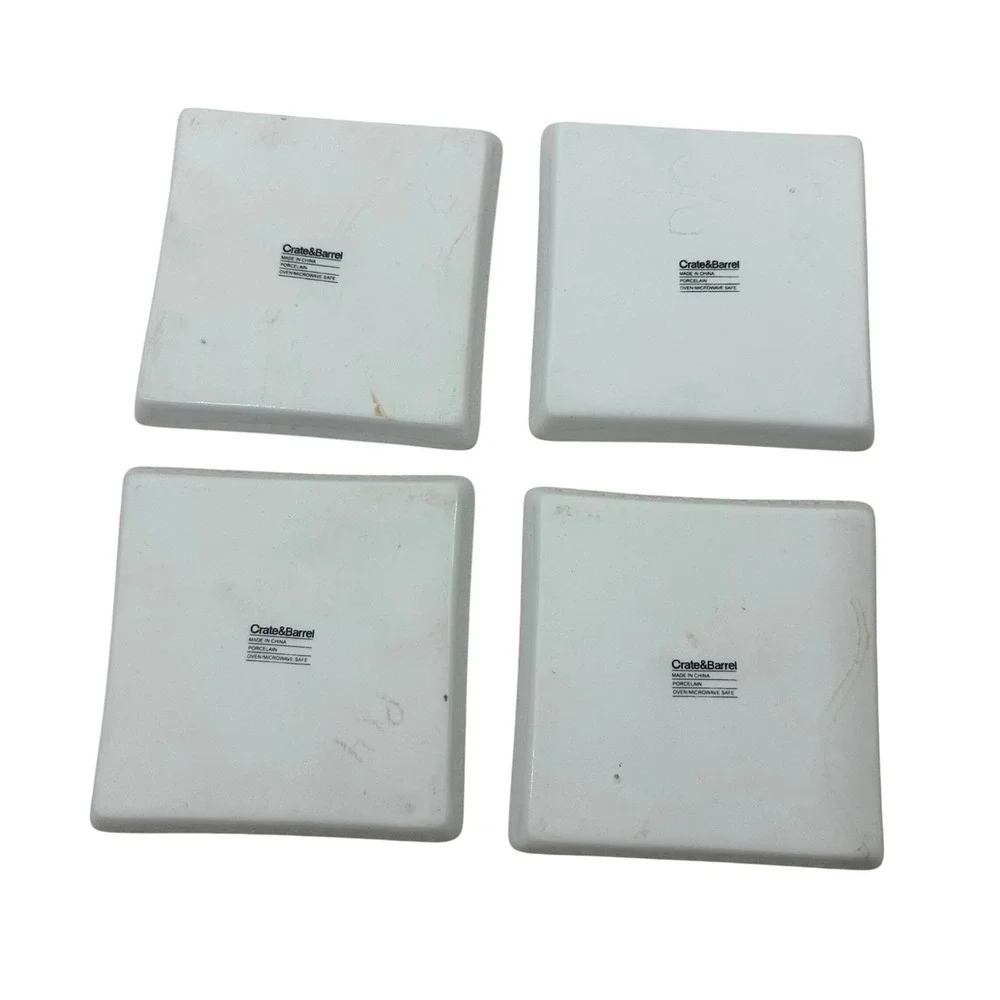 Crate & Barrel Olive Branch Porcelain Square Appetizer Plates Set of 4 White